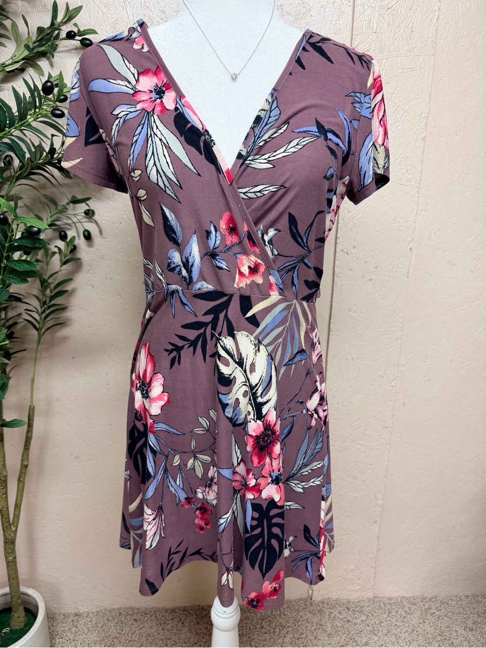 eye candy Mauve Floral Faux Wrap Mini Dress